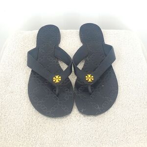 Tory Burch Monroe Black Leather Sandals Gold Logo Flats Size 8M